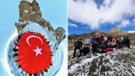 Gönül Dağı'nın zirvesine tırmanarak dev Türk bayrağı açtılar
